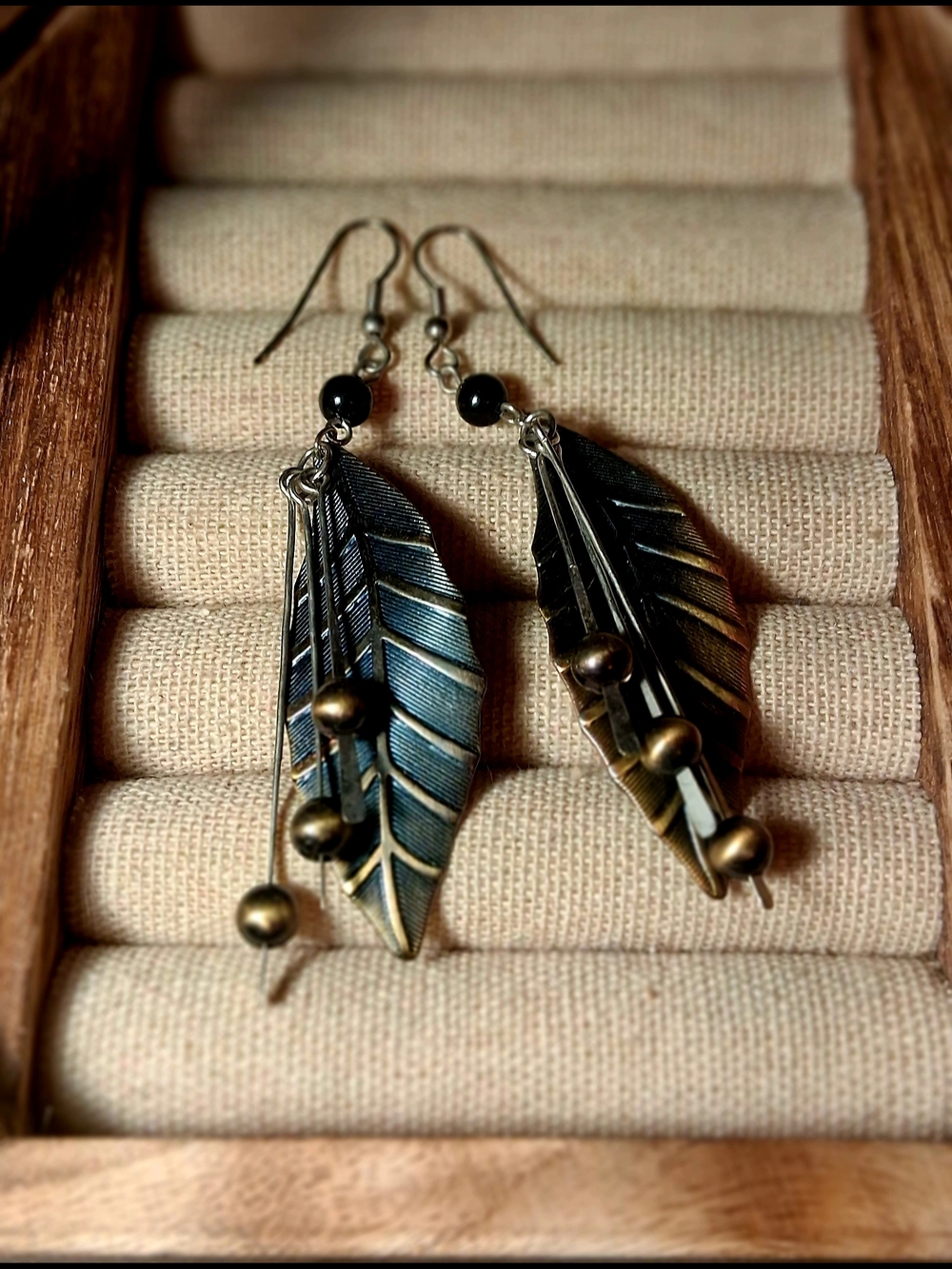 Feather Dangle Earrings with Brass Accents - Black and Antique Gold